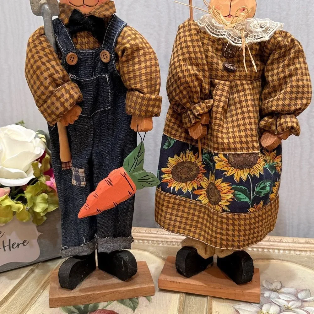 Vintage Wooden Easter Bunny Country Couple Farmers Primitive Country Folk Art